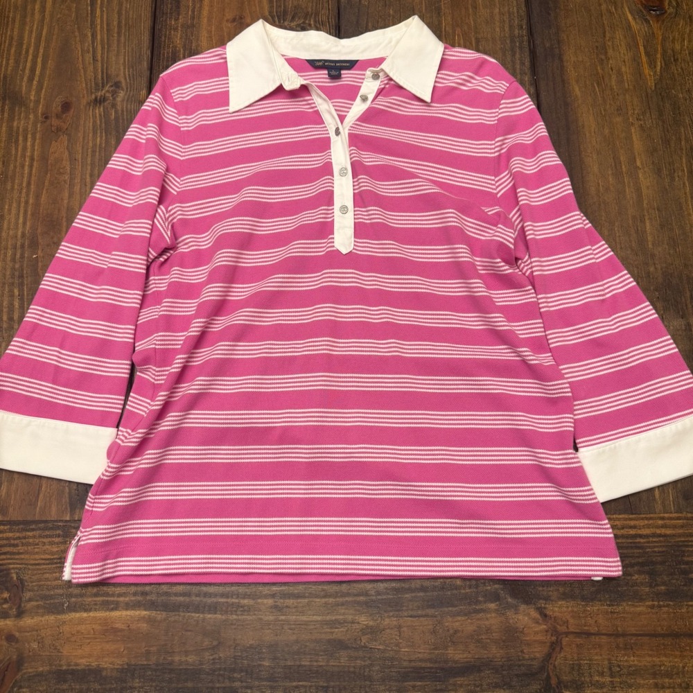 Brooks Brothers 346 Women's Pink Striped 3/4 Sleeve Polo‎ Shirt White Trim L